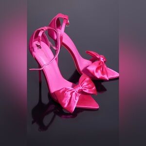 Pink Satin Point Toe Satin Bow Detail High Stiletto Heeled Sandals